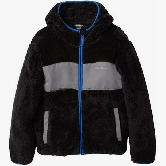 EDDIE BAUER Kids Youth High Pile Hooded Jacket in Black Grey B Size Medium 10 12 - Picture 3 of 16
